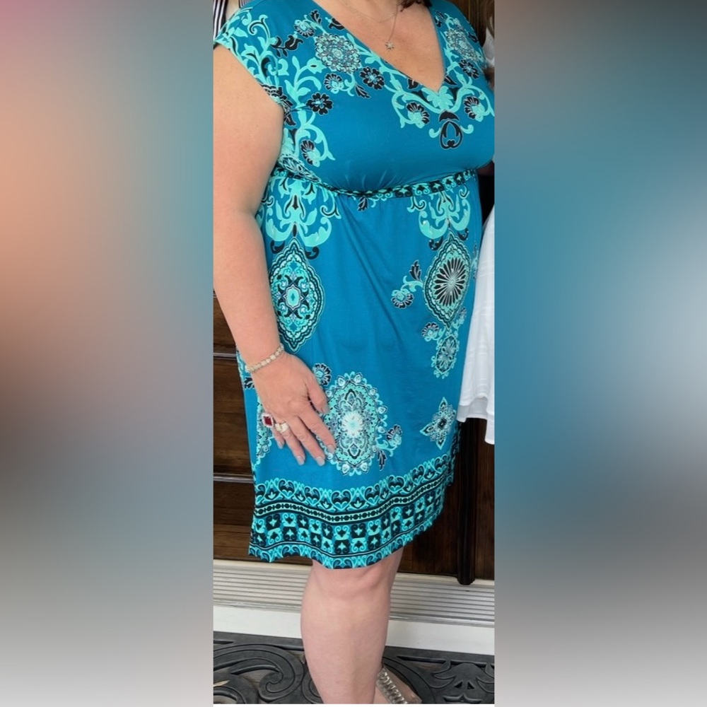 Women’s INC dress turquoise 1X bling flattering fit empire waist good condition